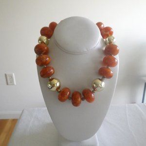 Vtg Amber and Gold Chunky Statement Necklace, 18"